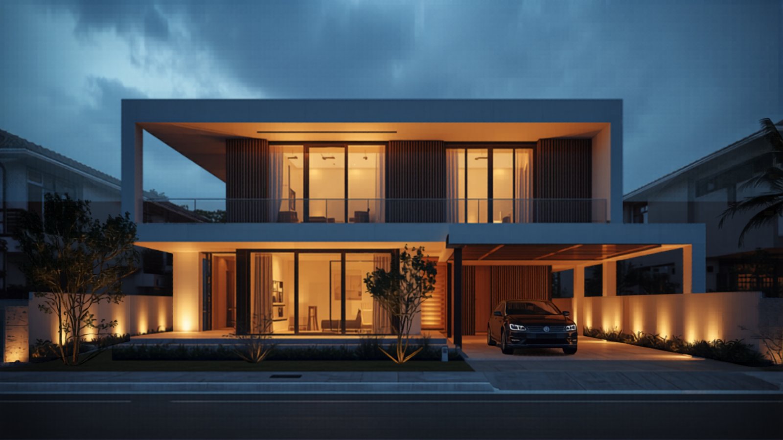 บ้านโมเดิร์นสองชั้นยามพลบค่ำ ไฟภายในส่องอบอุ่น — ผลงานก่อสร้างจริงของภูมิฐาน