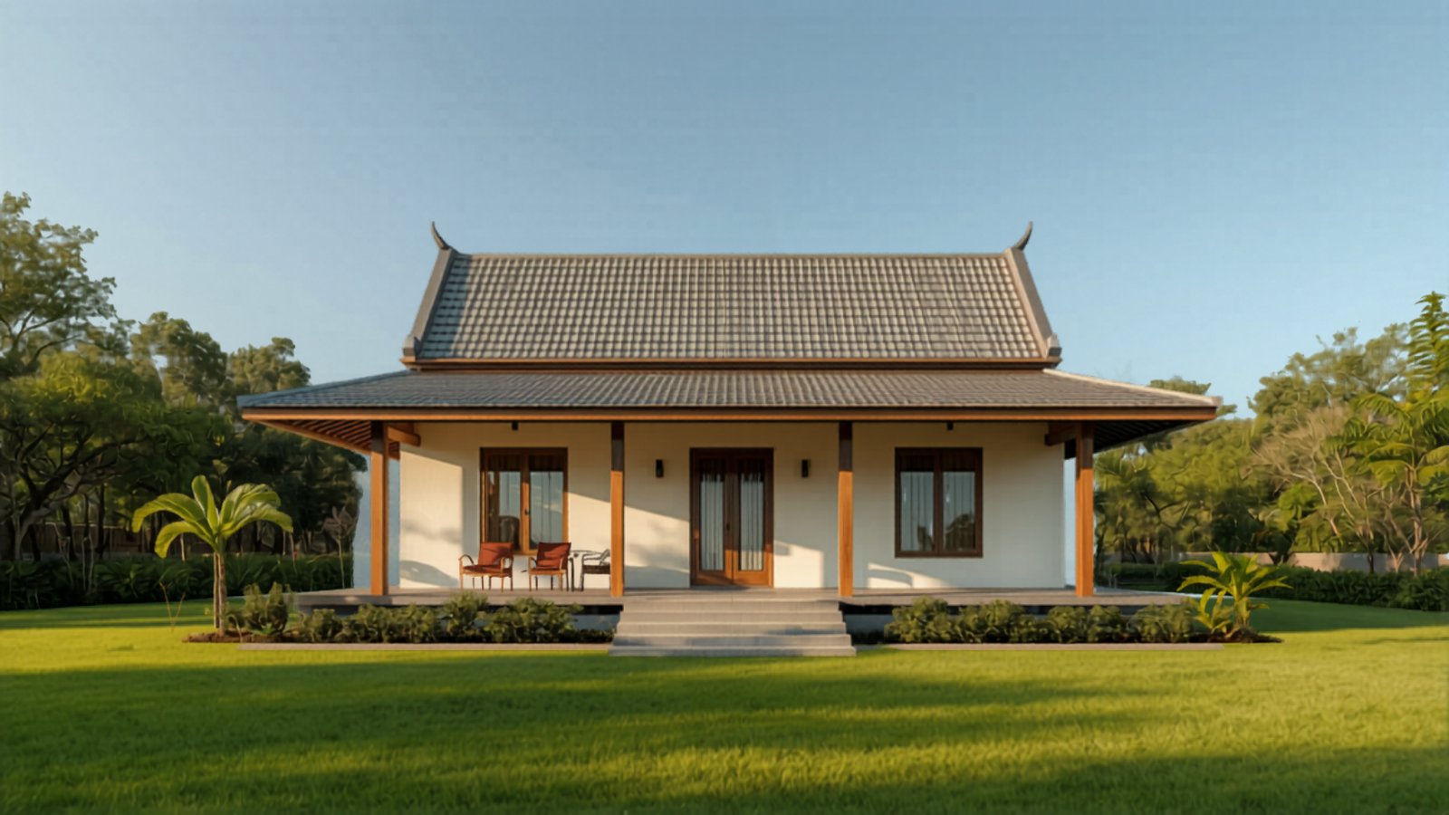 บ้านชั้นเดียวยกพื้น หลังคาทรงจั่ว แสงแดดอบอุ่น — บ้านคุณอรทัย