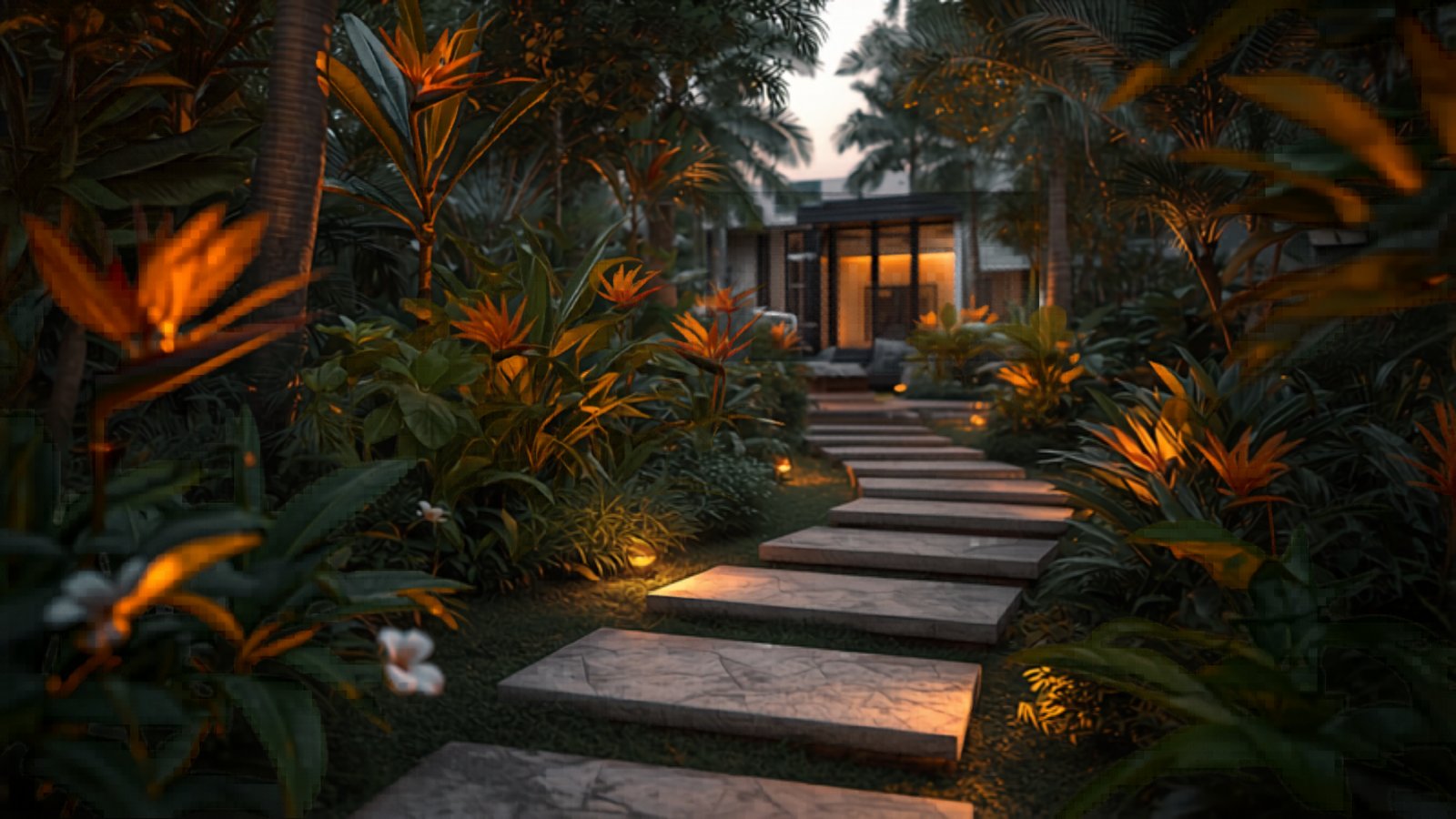สวนทรอปิคอลมีทางเดินหินและไฟสวนตอนเย็น บ้านริมมูล