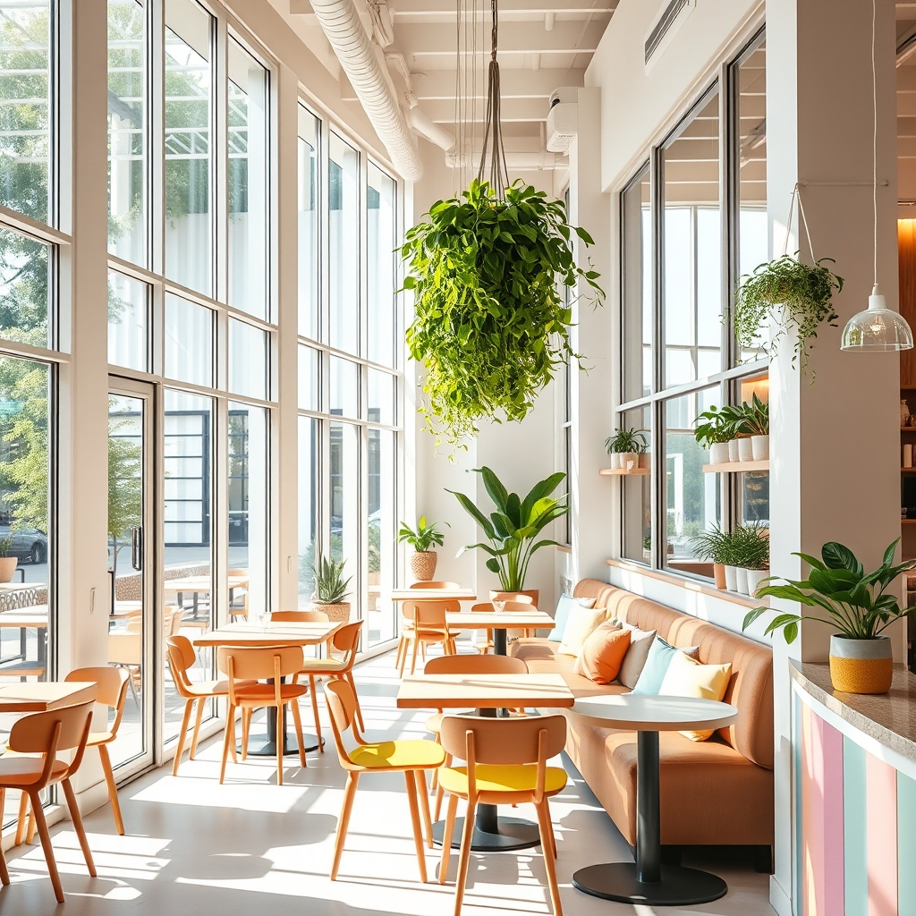 ภายในร้านซันนี่ คาเฟ่ บรรยากาศสว่างสบาย มีต้นไม้และเก้าอี้สีสันสดใส