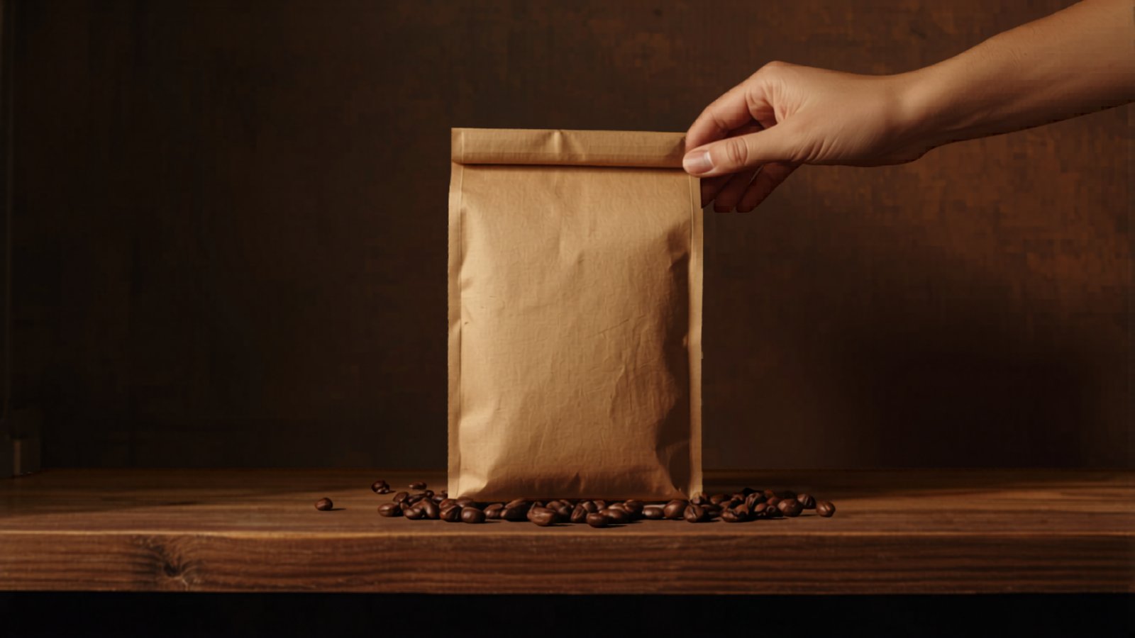มือยื่นส่งถุงกาแฟคราฟท์ที่เพิ่งบรรจุจากโรงคั่ว